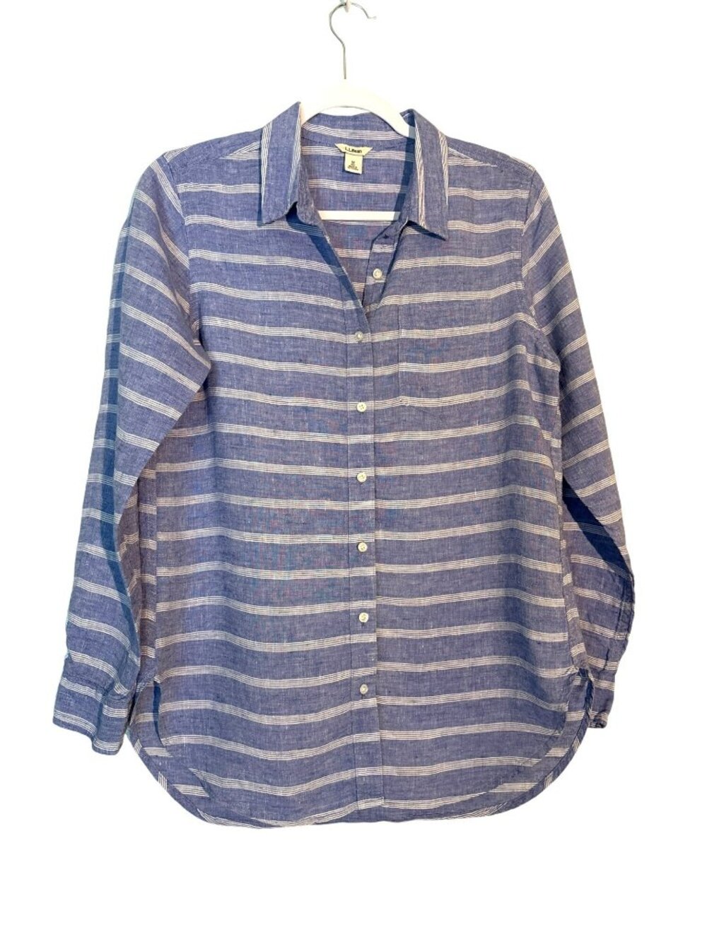 L.L. Bean Blue & White Striped 100% Linen Button-Front Long Sleeve Shirt Size M